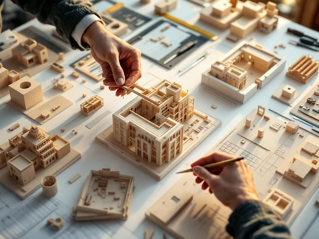 Hands assembling detailed architectural scale model with craft tools, blueprints, and miniature building components on workspace