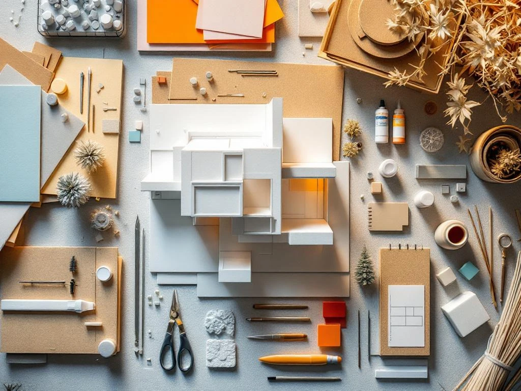 Architect's workspace with balsa wood, foam core, cutting tools, and white building model under studio lighting