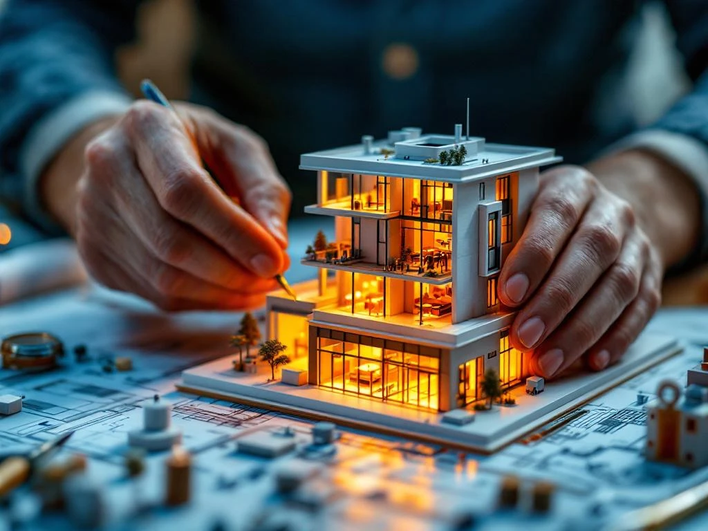 Hands assembling detailed architectural scale model with precision tools, blueprints visible in background