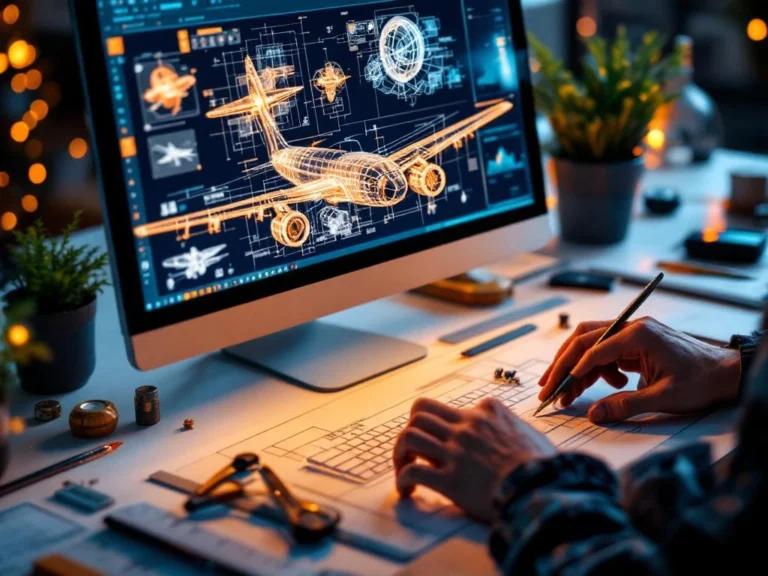 Hands using CAD software to design 3D wireframe airplane model on computer with drafting tools on white desk