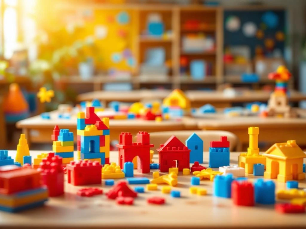 Classroom with colorful building blocks, wooden airplane models, and educational toys on desks for hands-on learning