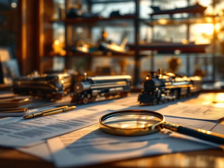 Expensive model train collection in glass cabinet with insurance documents and magnifying glass examining rare locomotive