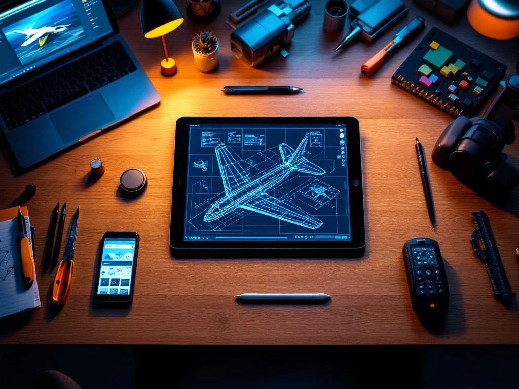 Tablet met 3D CAD-software toont vliegtuigblauwdruk op moderne werkbank met modelbouw tools en meetinstrumenten