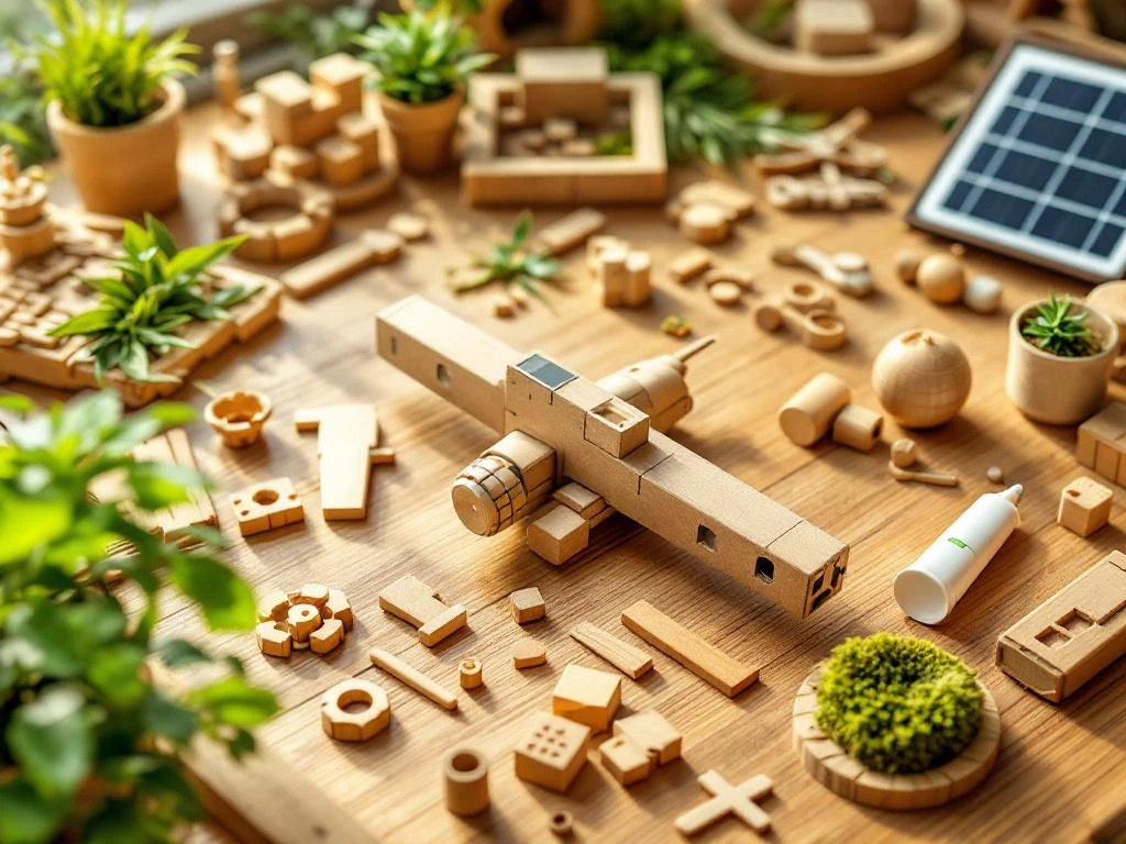 Sustainable model building materials including bamboo airplane parts, recycled cardboard, and wood pieces on wooden workbench.
