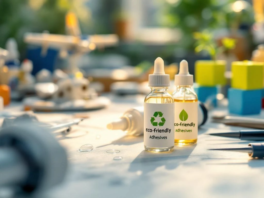 Eco-friendly adhesive bottles with recycling symbols on white workbench, model airplane parts and precision tools nearby