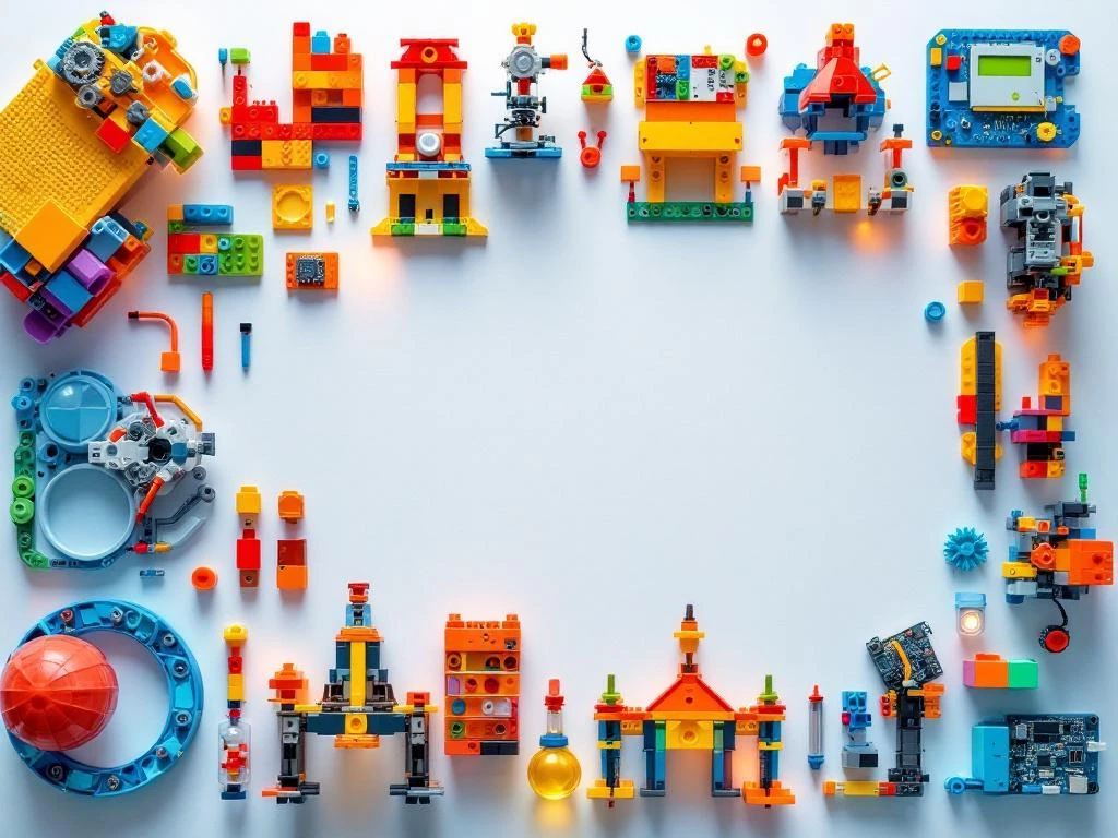 Educational STEM building sets including robotics kits, architectural blocks, and science experiments arranged on white surface.