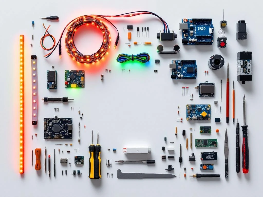 Electronic components for model building including Arduino microcontrollers, LED strips, servo motors, and tools on white workbench
