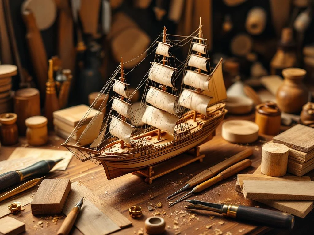 Detailed wooden ship model on mahogany workbench with wood samples, modeling tools, and brass fittings in craftsman workshop