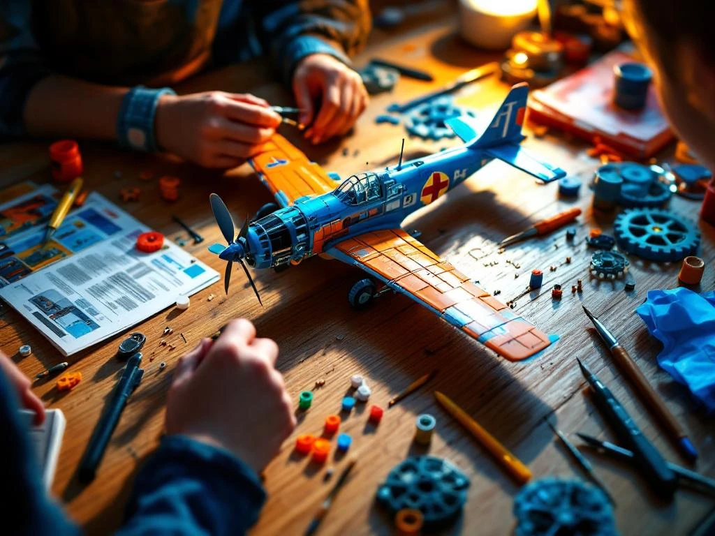 Children's hands assembling plastic model airplane on wooden workbench with tools, paint brushes, and colorful kit parts