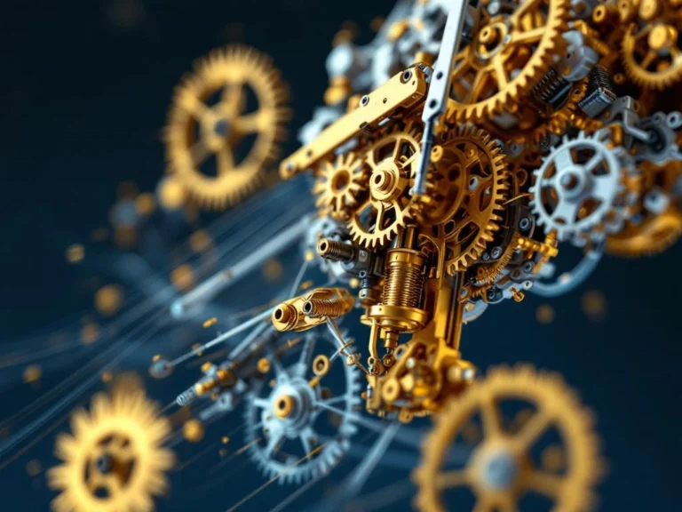 Mechanical gears and servo motors in motion with golden brass components, silver joints, and motion blur on blue background.