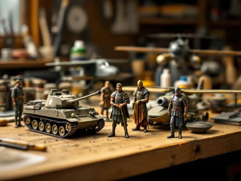 Miniature military models on wooden workbench including WWII Sherman tank, medieval knight, Roman centurion, WWI biplane, and helicopter