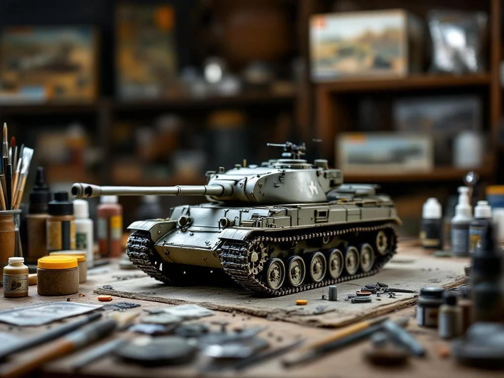 Military model tank on wooden workbench with miniature painting supplies, brushes, and hobby tools in modeling workspace