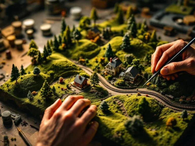 Hands placing miniature trees and buildings on model landscape diorama with hills, houses, railway tracks and crafting tools