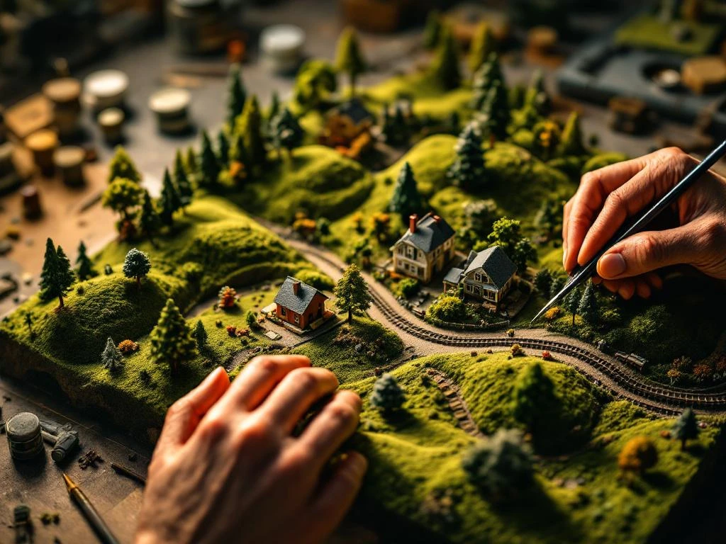 Hands placing miniature trees and buildings on model landscape diorama with hills, houses, railway tracks and crafting tools