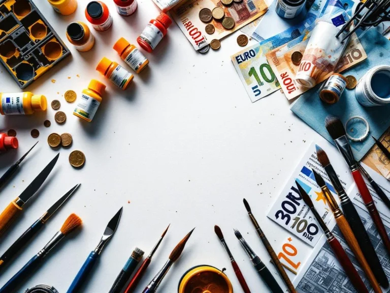 Model building supplies including craft knives, paint bottles, brushes, and plastic parts arranged on white workspace with euro currency showing hobby costs.