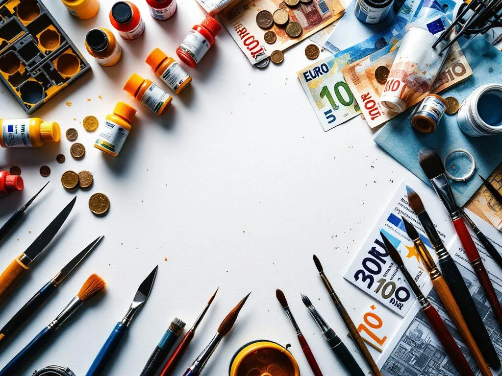 Model building supplies including craft knives, paint bottles, brushes, and plastic parts arranged on white workspace with euro currency showing hobby costs.