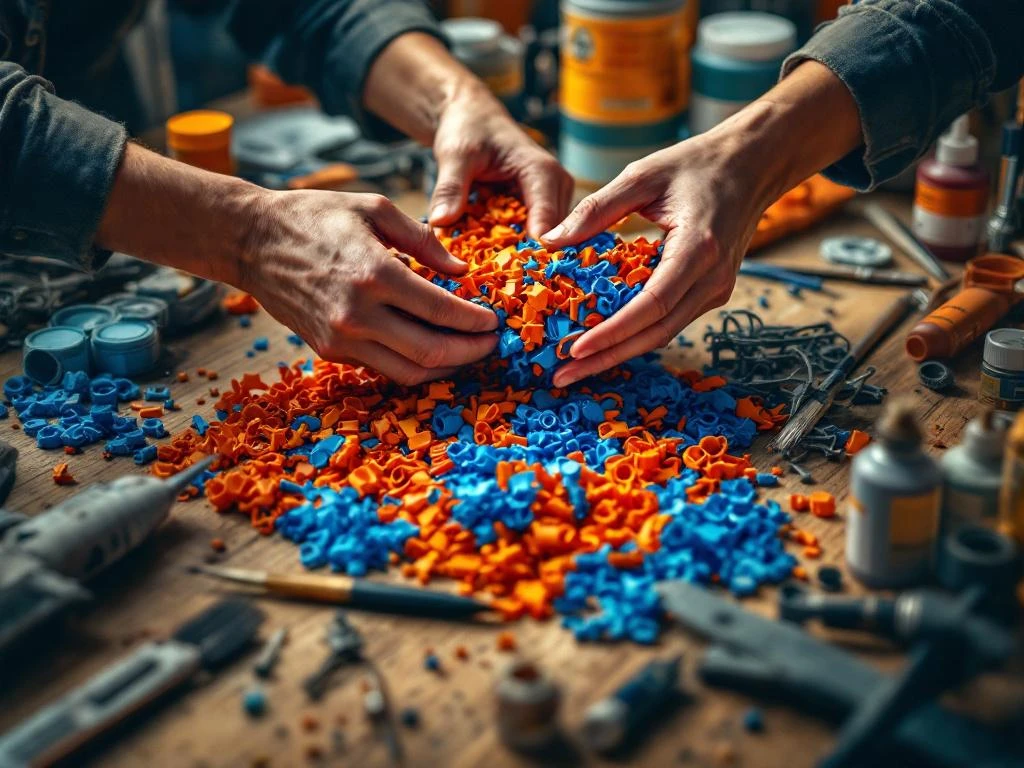 Hands sorting colorful plastic model airplane parts into recycling containers on wooden workbench with paint tubes and tools