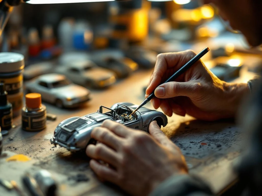 Skilled hands painting intricate details on scale model car with precision brushes and weathering effects in organized workspace