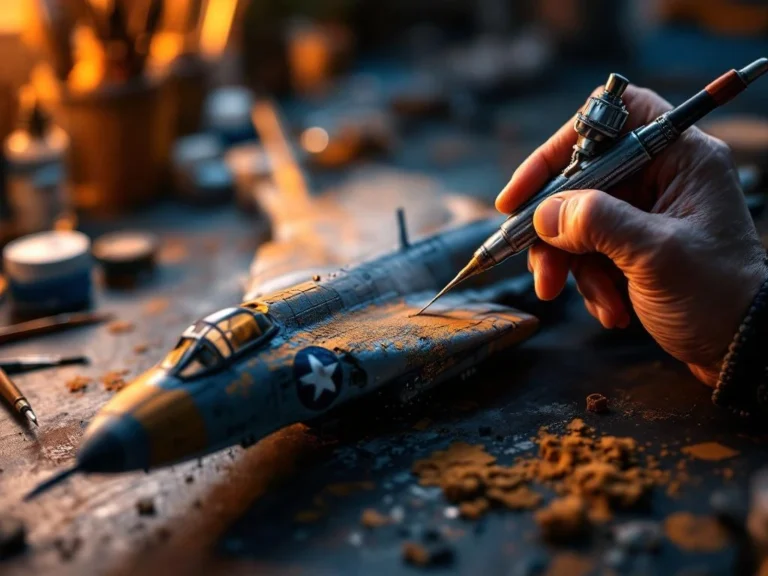 Skilled hands airbrushing weathering effects on detailed scale model aircraft with paint mist visible on workbench with tools
