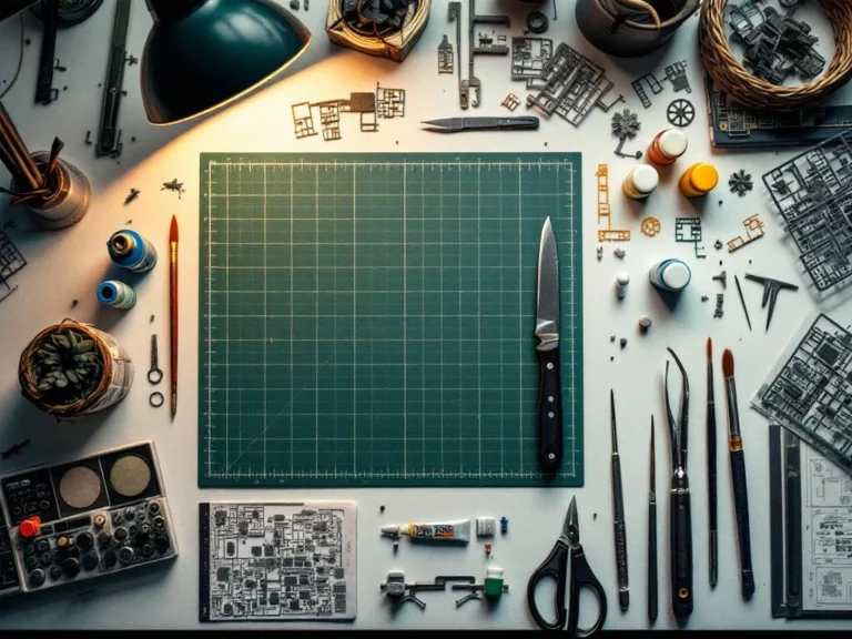 Model building tools arranged on white workbench including craft knife, paint bottles, brushes, plastic parts, and glue