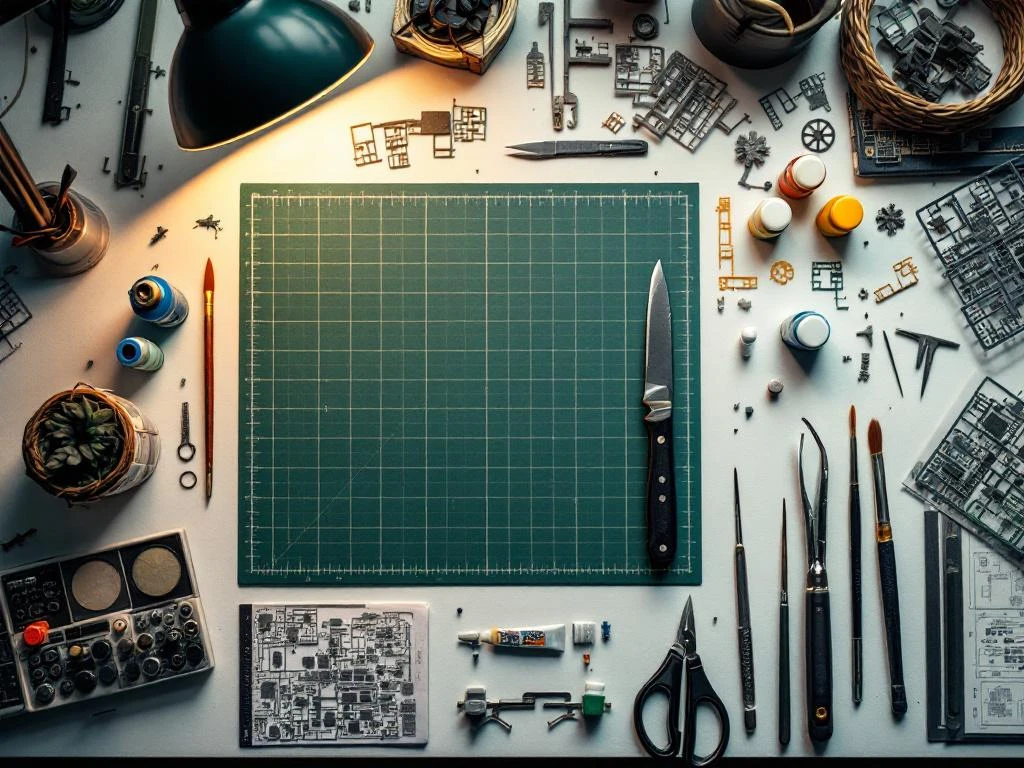 Model building tools arranged on white workbench including craft knife, paint bottles, brushes, plastic parts, and glue