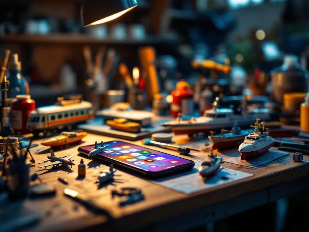 Miniature model aircraft, trains and ships on wooden workbench with smartphone, tools and paint bottles under warm lighting.