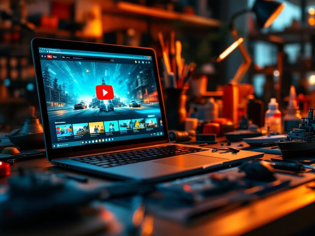 Laptop displaying YouTube with model building videos surrounded by scale airplanes, cars, ships, and hobby tools on desk