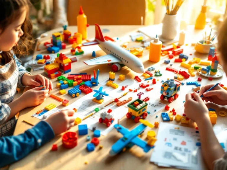 Child's hands assembling colorful model airplane kits on organized workshop table with paint brushes and building supplies