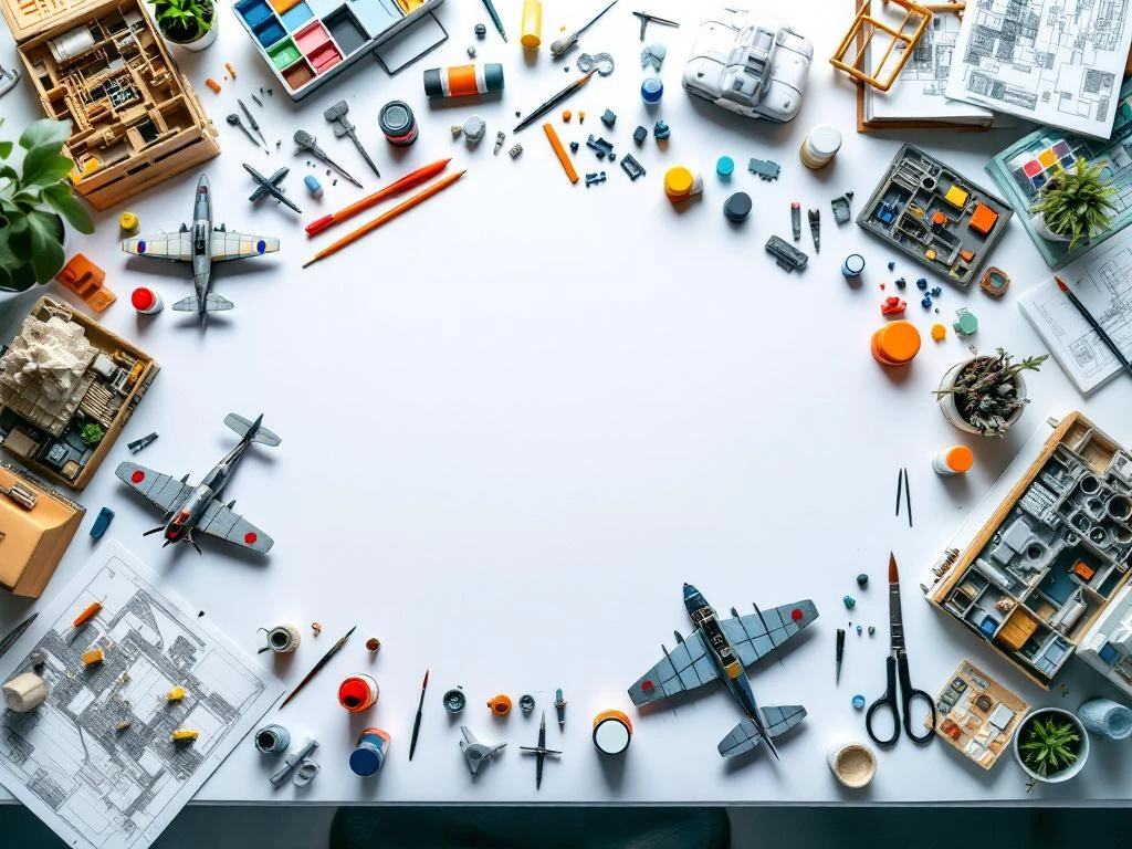 Bovenaanzicht van witte werkbank met schaalmodellen van vliegtuigen, auto's en gebouwen, modelgereedschap en verfpotjes