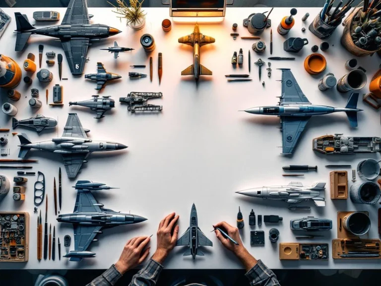 Overhead view of model building workspace with aircraft, car and ship kits, precision tools, paints and brushes on white surface