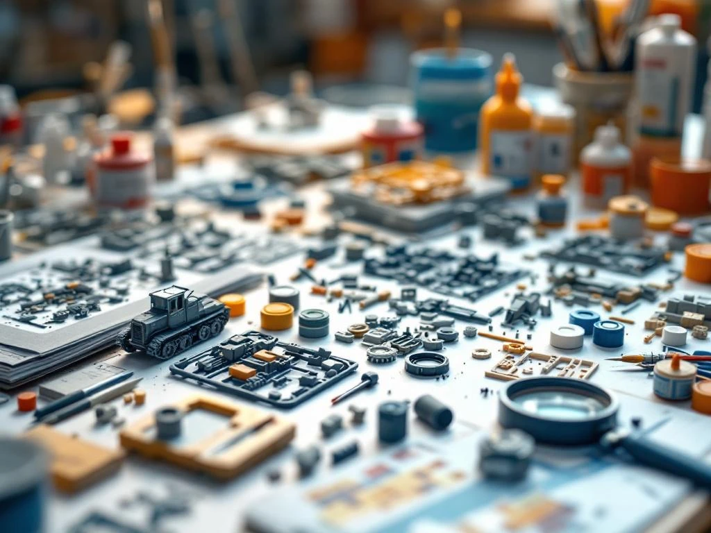 Model building scales 1:72, 1:48, 1:35 displayed on white workbench with precision tools, paint brushes, and miniature kits