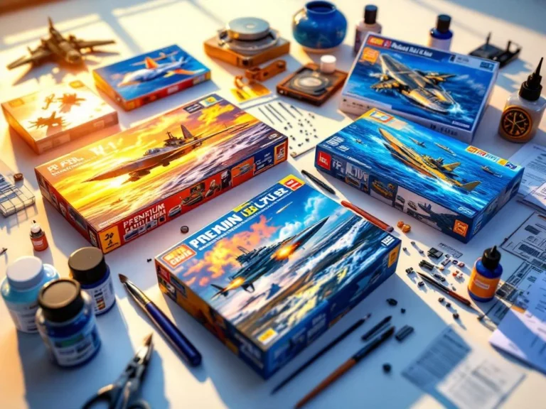 Premium plastic model kits of aircraft, ships and vehicles with hobby tools and paint bottles on white surface