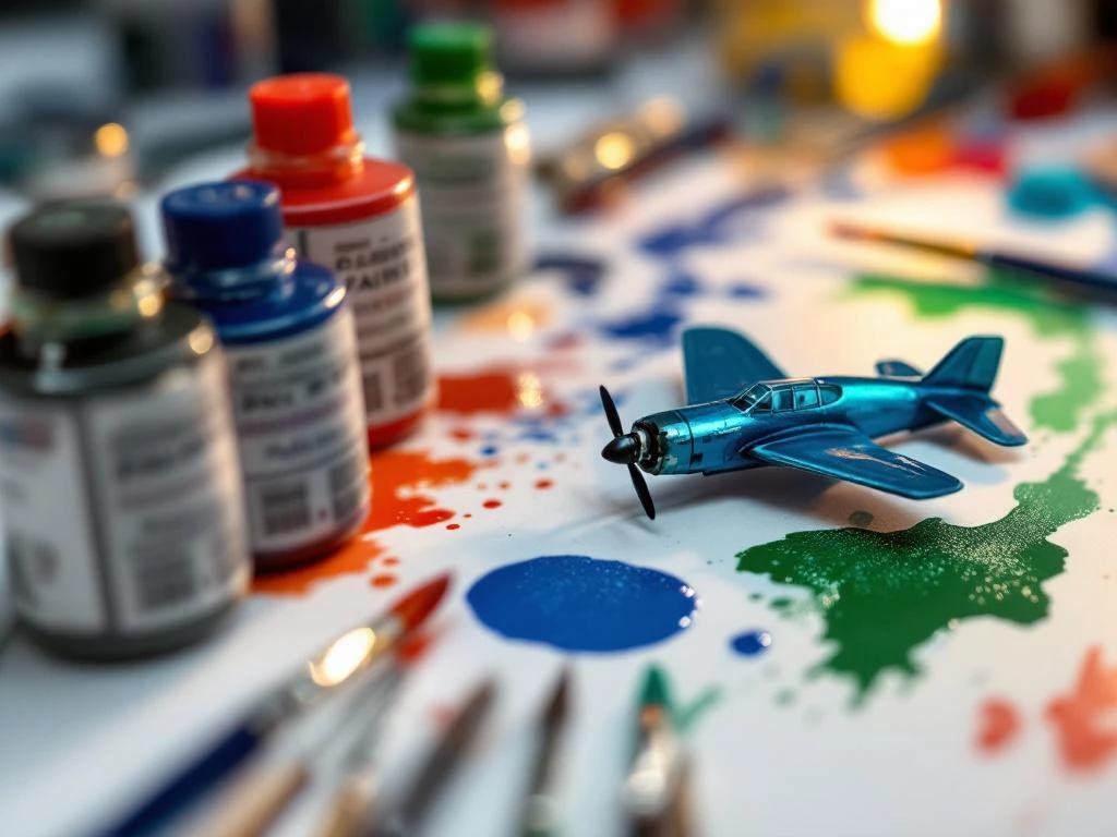Model building paints in vibrant colors with brushes and partially painted scale model on white workspace