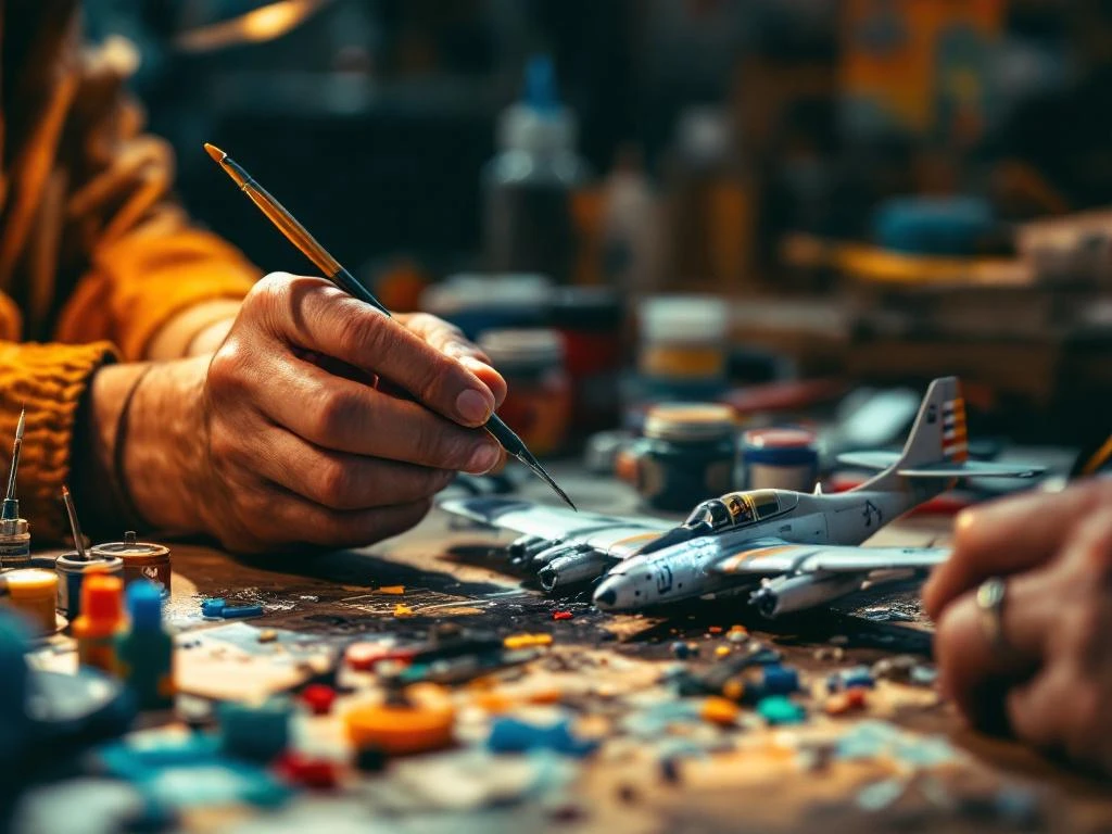 Hands building detailed scale model airplane with precision tools on workbench, showing common modeling mistakes like spilled glue.