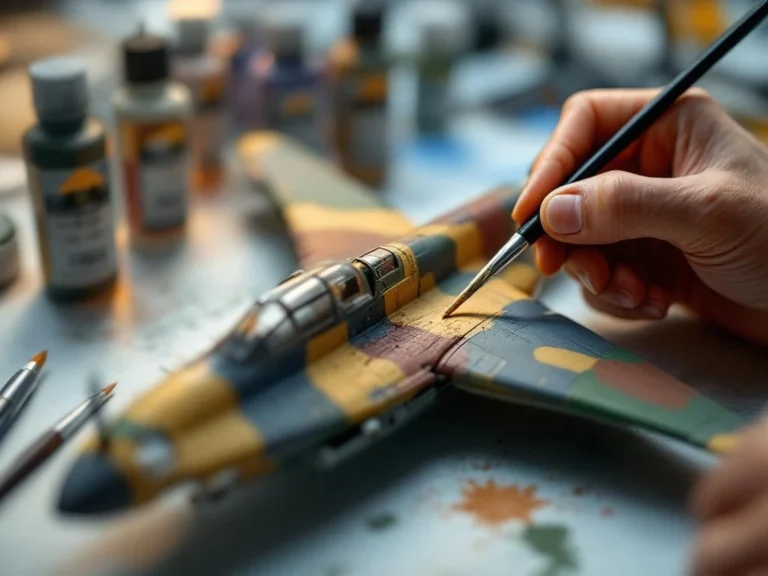 Hands painting fine details on scale model aircraft with precision brush, paint bottles and modeling tools on workspace