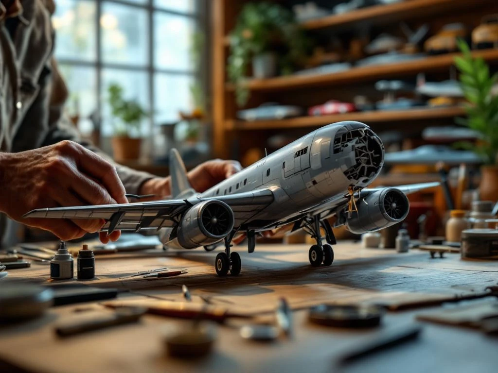 Hands assembling scale model airplane on wooden workbench with precision tools, paint bottles, and completed model kits on shelves