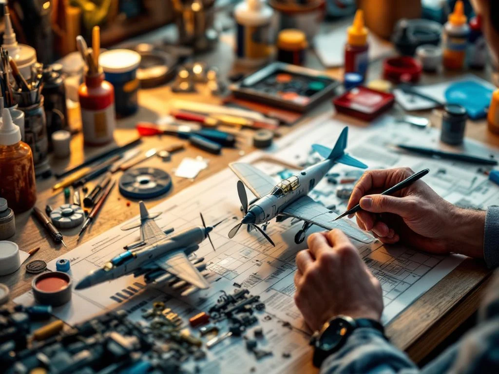 Hands assembling plastic airplane model kit on workbench with hobby tools, paint, and instruction sheets in workshop