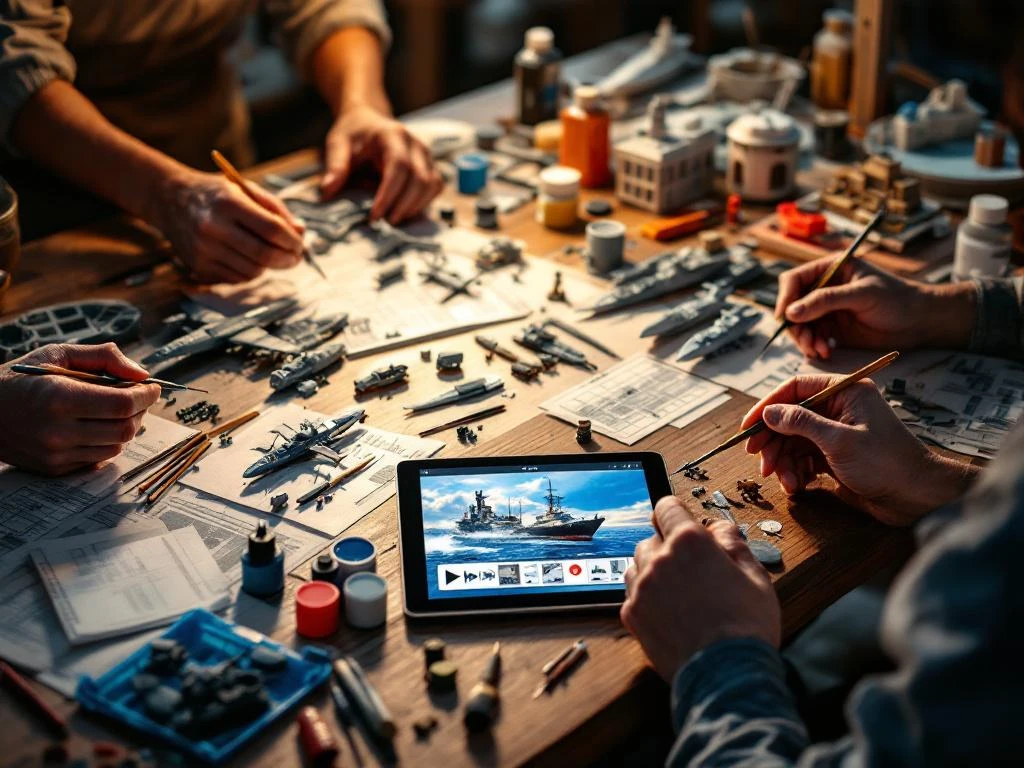 Modelmaker's workbench with airplane, ship and building models in progress, hands using precision tools, paint bottles and tablet tutorial