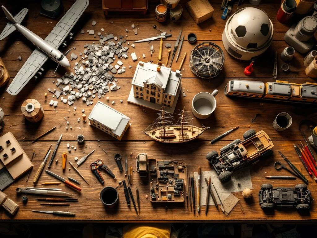Wooden workbench with model airplane kit, train locomotive, ship, building, and RC car chassis plus hobby tools
