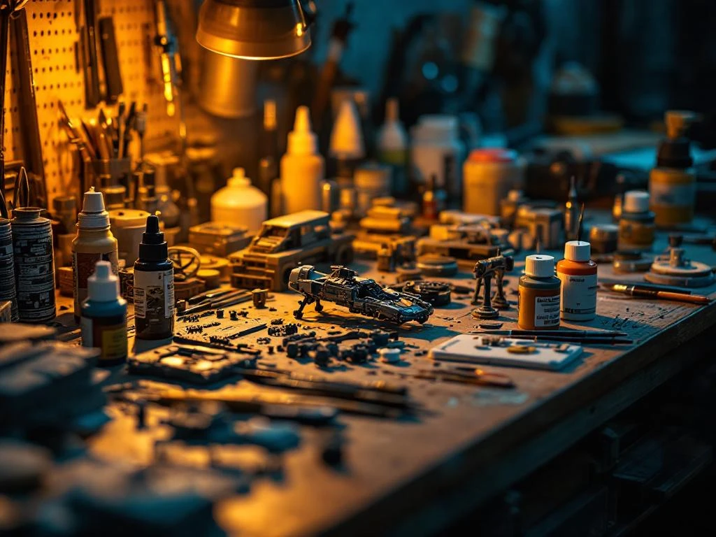 Professional model building workbench with precision tools, paint brushes, airbrush equipment, and scale models under workshop lighting.