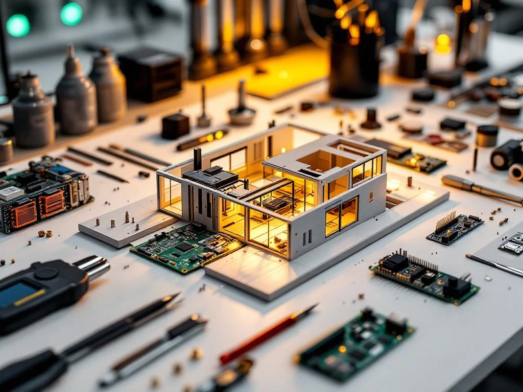 Modelbouw werkruimte met slimme bouwoplossingen, precisie gereedschap en architectuurmodel met LED-verlichting op witte werkbank.