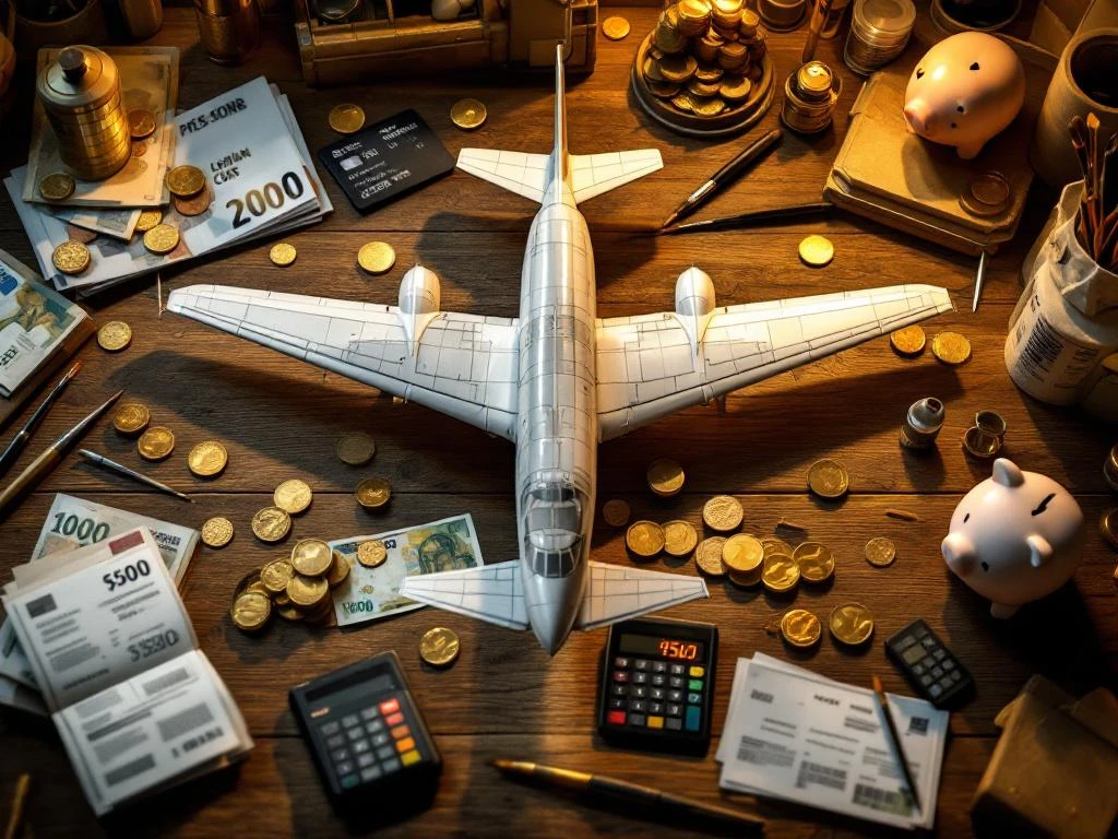 Partially assembled model airplane kit on wooden workbench surrounded by euro banknotes, calculator, and modeling tools