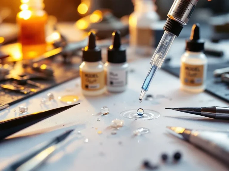 Model glue tubes and bottles on white workbench with aircraft parts, tweezers, and precision tools under bright lighting.