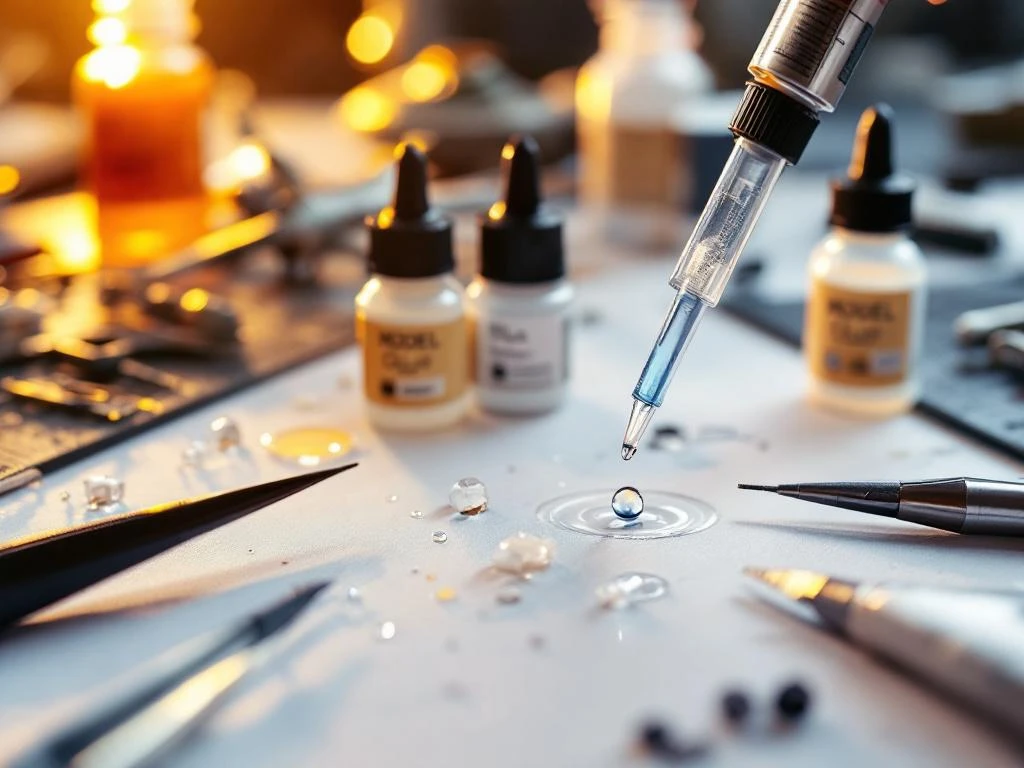 Model glue tubes and bottles on white workbench with aircraft parts, tweezers, and precision tools under bright lighting.