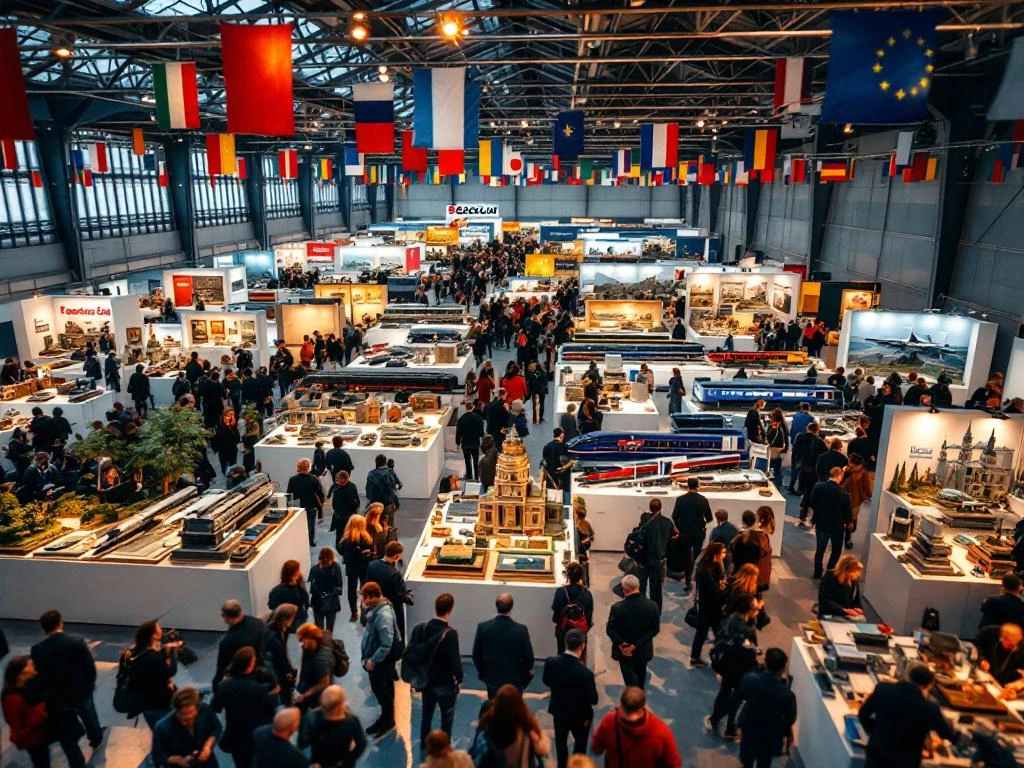Aerial view of European model exhibition hall with scale trains, aircraft displays, and architectural miniatures under spotlights.