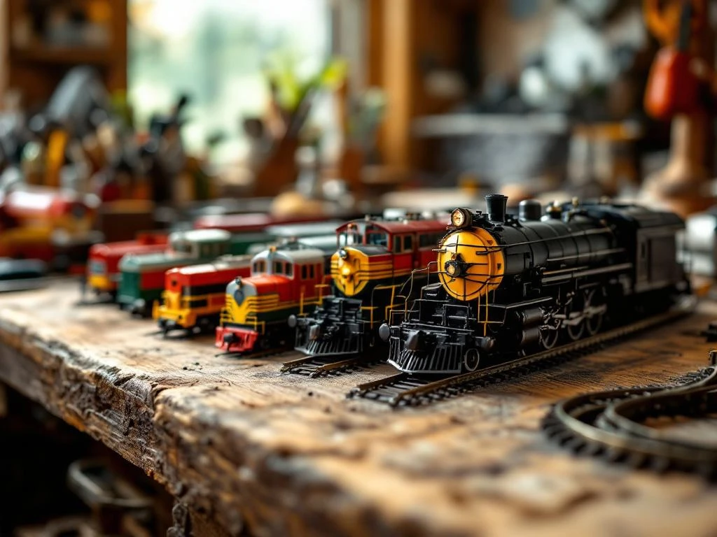 Model trains in HO, N, and O scales arranged on wooden workbench showing size comparison with workshop tools in background.