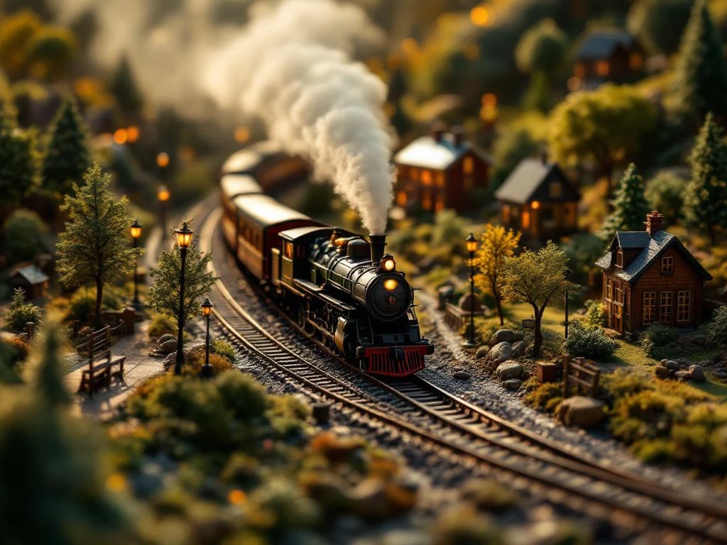 Gedetailleerde modeltreinen met stoomlocomotief rijdt door miniatuurlandschap met huisjes, bomen en bruggen onder warme verlichting.