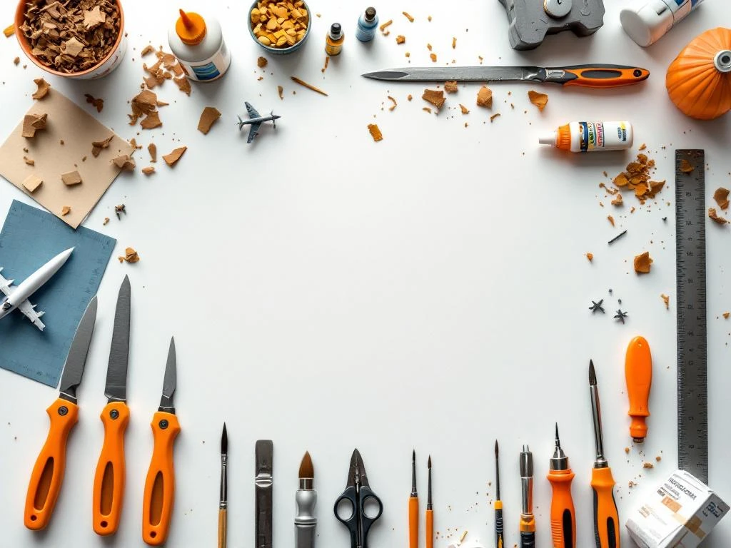 Top-down view of organized model aircraft building tools on white workbench including hobby knives, cutting mats, and glue