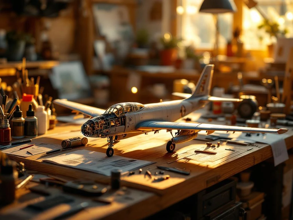 Scale model airplane in assembly on wooden workbench with precision tools, paint bottles, and hobby supplies under warm lighting.
