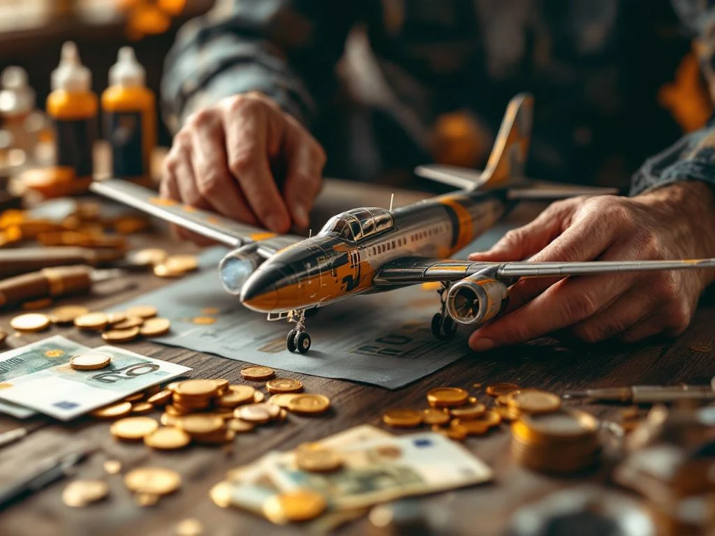 Hands assembling scale model airplane on wooden workbench with tools, paint bottles, and euro coins suggesting hobby profit potential